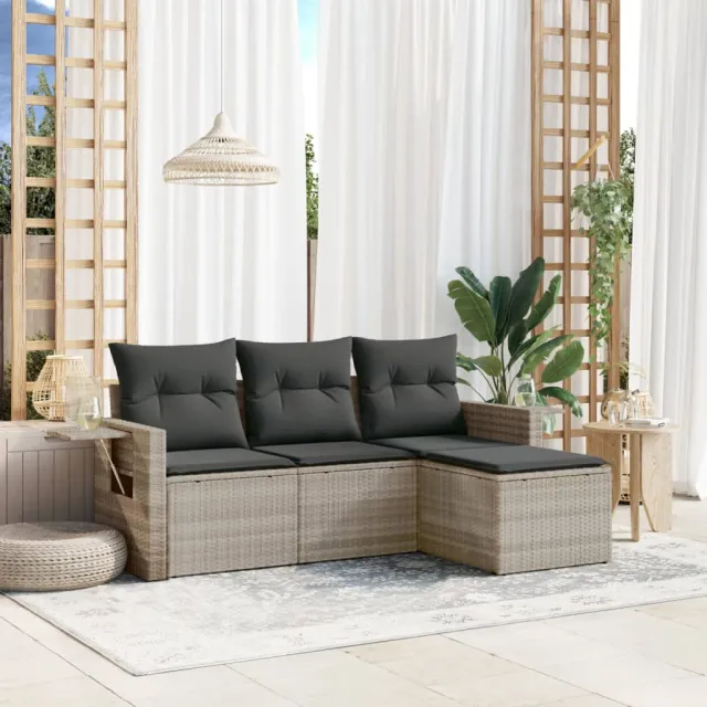 vidaXL 4-delige Loungeset met kussens poly rattan lichtgrijs grijs, foto 2