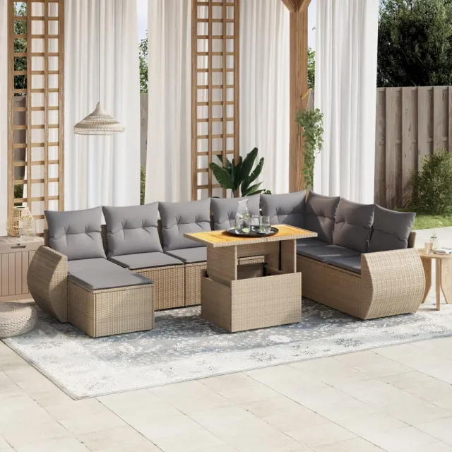vidaXL 9-delige Loungeset met kussens poly rattan beige, foto 2