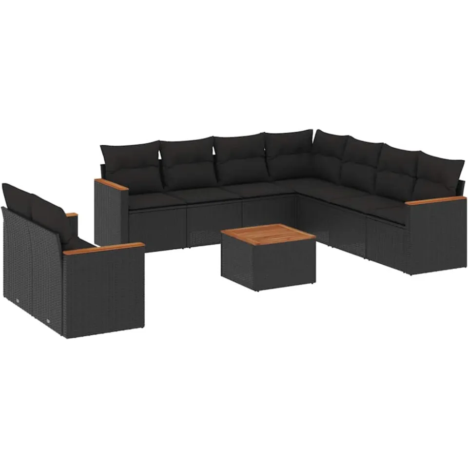 vidaXL 10-delige Loungeset met kussens poly rattan zwart