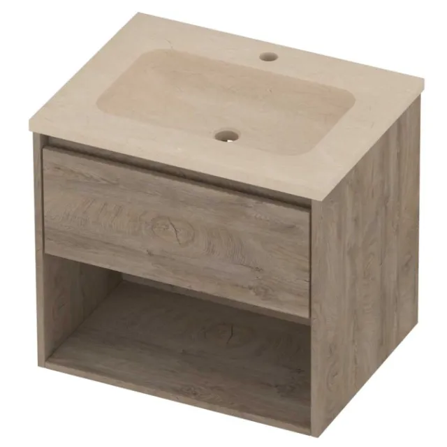 Proline Rollo Badmeubelset Hardsteen Elegant 1 Kraangat Met Schap 60x46x54 cm Sand Stone Raw Oak Eiken