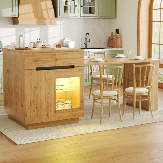 MODFU Keukeneiland - Uitschuifbare Eettafel - LED-Verlichting - MDF - Houtlook Houtkleur