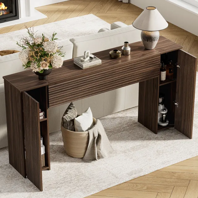 FABATO ST001-Consoletafel-155 cm-Bruin-2 Verborgen Kasten-Geribbeld Design-Braun