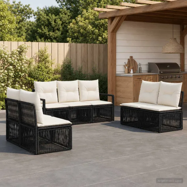 vidaXL Tuinbankenset 7 st 7-zits Zwart poly rattan, foto 2