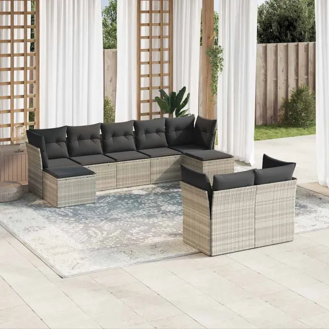 vidaXL 9-delige Loungeset met kussens poly rattan lichtgrijs grijs, foto 2