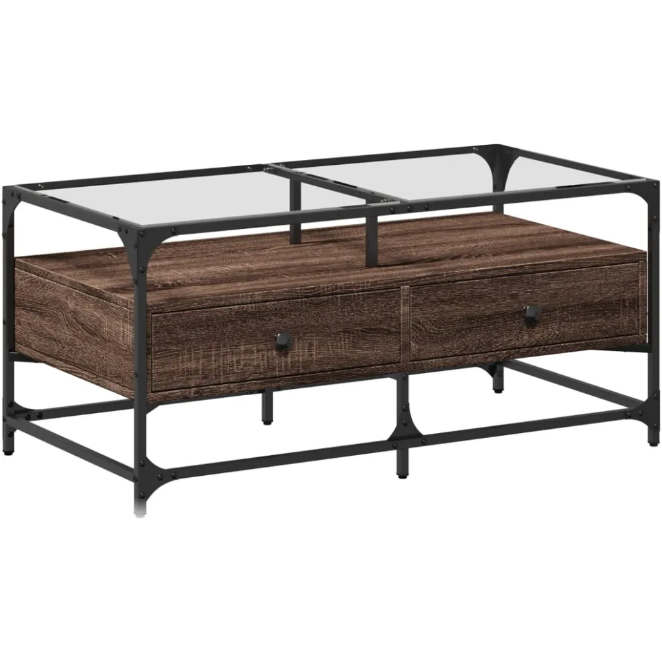 vidaXL Salontafel met glazen blad 98,5x50x45 cm sonoma eiken staal, foto 3