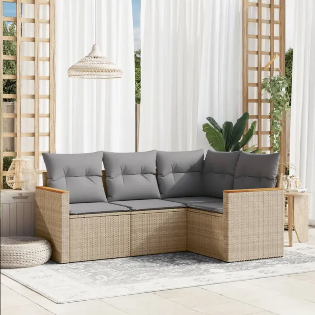 vidaXL 4-delige Loungeset met kussens poly rattan gemengd beige, foto 2