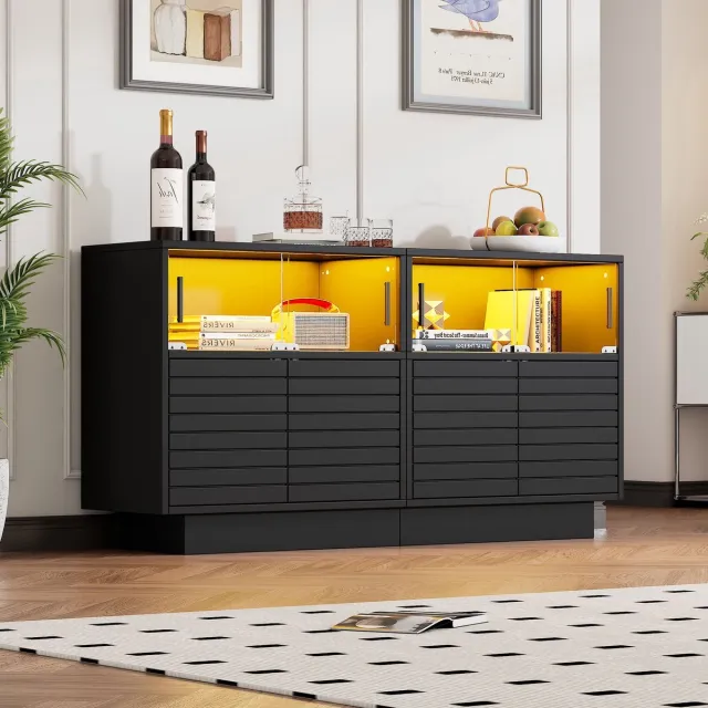 VVBV Dressoir zwart / Sideboard – met Opbergruimte, LED-Verlichting – 130x35x68 cm – Afmetingen 130x35x68 cm – Buffetkast met Verstelbare Planken en LED
