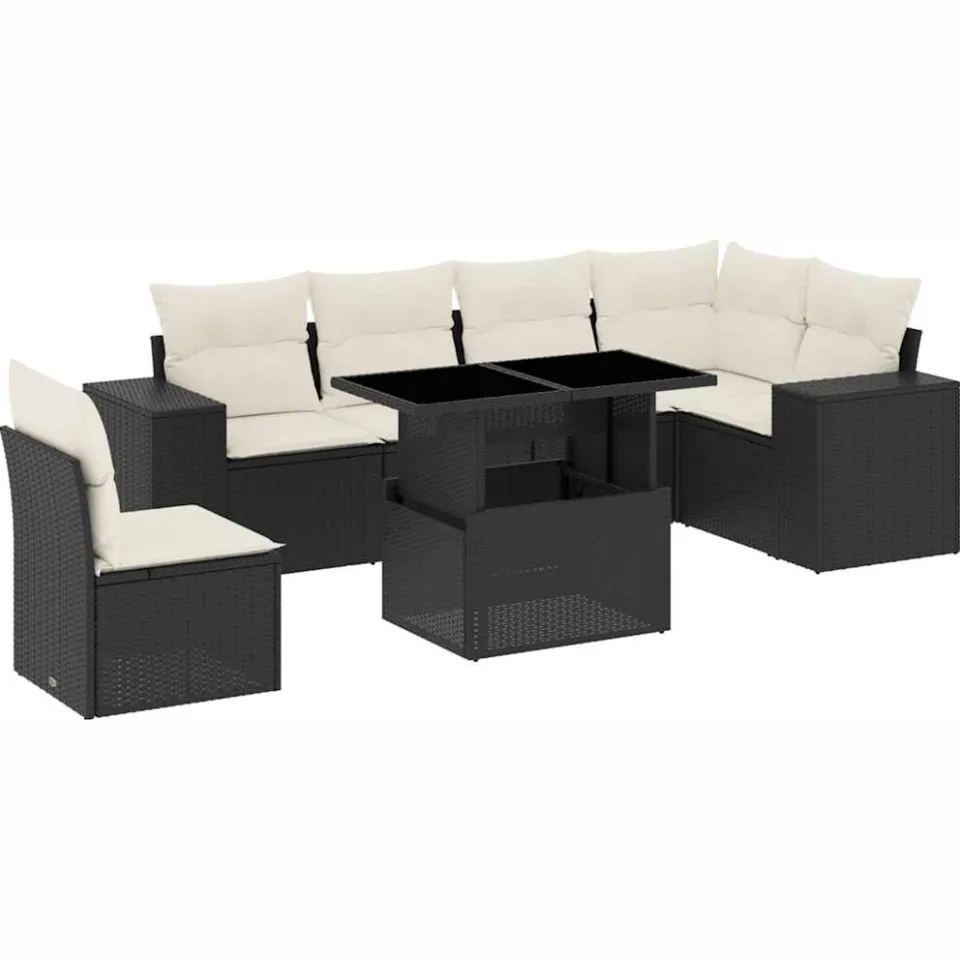 vidaXL 7-delige Loungeset met kussens poly rattan zwart