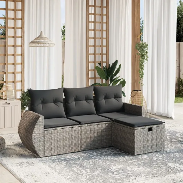 vidaXL 4-delige Loungeset met kussens poly rattan grijs, foto 2