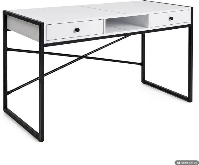 Akord Computertafel Bureau ELONIS / Industrieel / 123 cm / Wit / 2 Lades / 1 Plank / Zwarte Poten