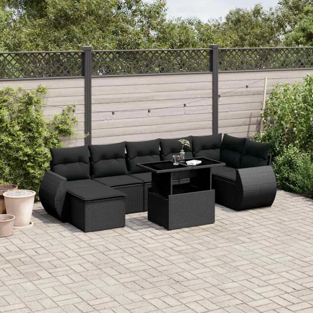 vidaXL 8-delige Loungeset met kussens poly rattan zwart, foto 2