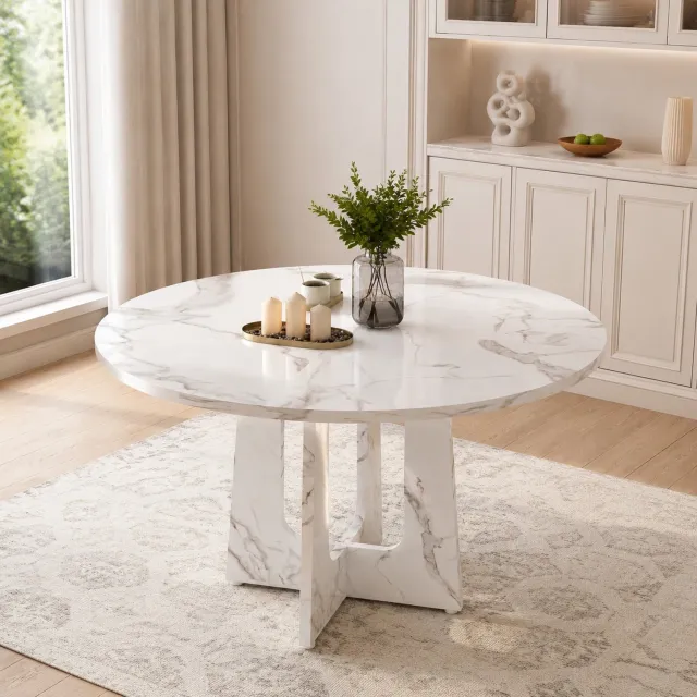 WUVRIE Ronde eettafel Ø 120 cm - Wit MDF met marmerlook en verstelbare antislipvoeten - 76 cm