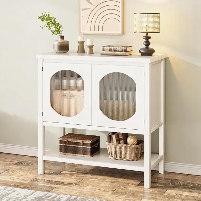 Triumpunpre Boho-dressoir van rotan - Houten buffetkast met opbergruimte - Mid-century dressoir - 84×76×40 cm - Wit
