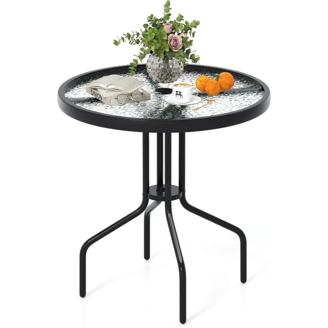 KOMFOTTEU Tuintafel - van gehard glas - met gat voor parasol van 4 cm - ronde - metalen frame - diamet70 cm Zwart