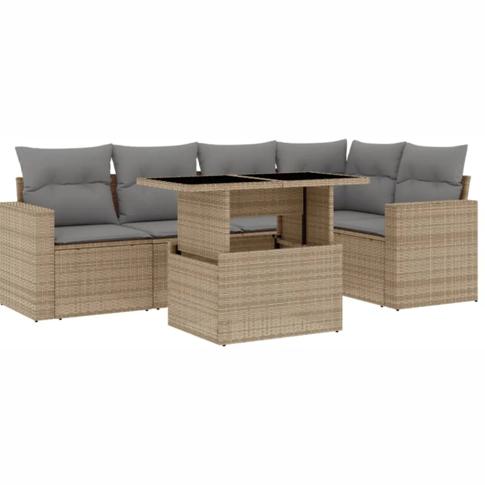 vidaXL 6-delige Loungeset met kussens poly rattan beige, foto 3