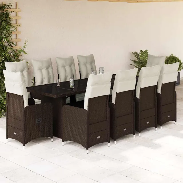 vidaXL 11-delige Bistroset met kussens poly rattan bruin