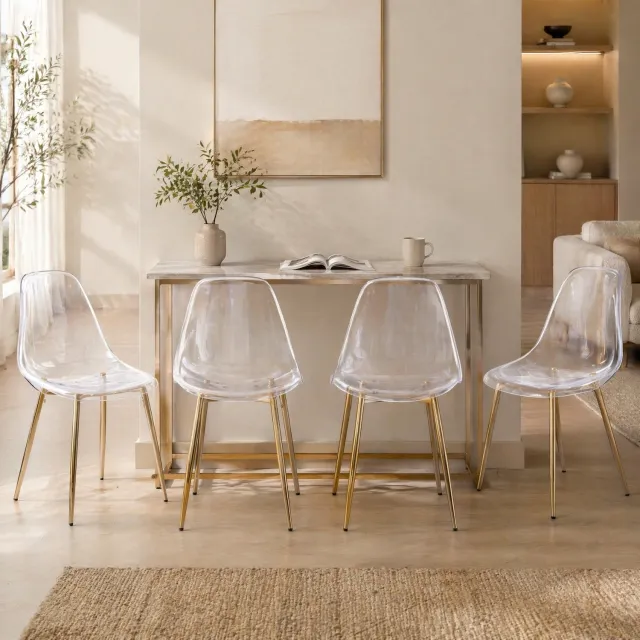 CHICFURN Eetkamerstoel - Set van 4 - Metalen poten - Transparant en goud