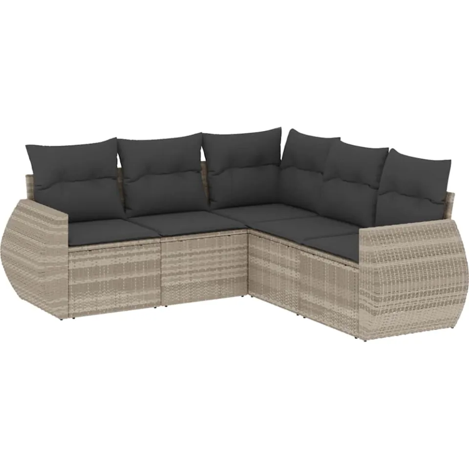 vidaXL 5-delige Loungeset met kussens poly rattan lichtgrijs