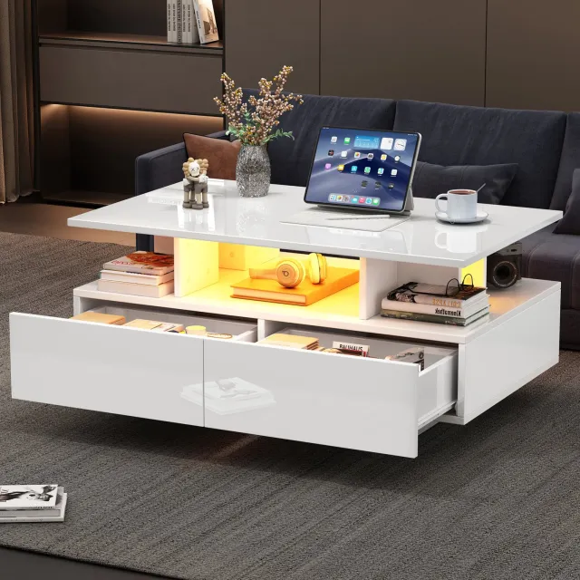 CHICFURN Salontafel - LED-verlichting - 2 lades - Wit