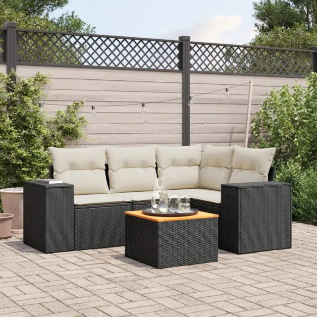 vidaXL 5-delige Loungeset met kussens poly rattan zwart, foto 2