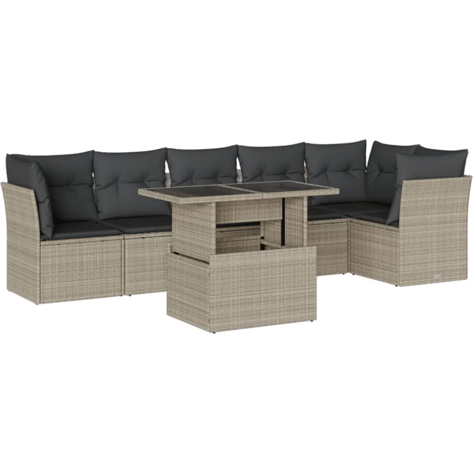 vidaXL 7-delige Loungeset met kussens poly rattan lichtgrijs grijs