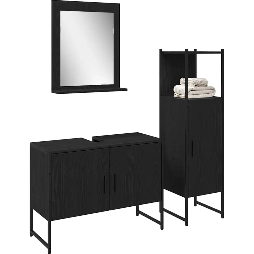 vidaXL Badkamermeubelset 3 st Zwart 33 x 33 x 113.5 cm Bewerkt hout