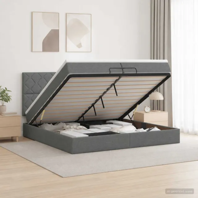 vidaXL Ottoman bed met matras Donkergrijs 200 x 200 cm Stof