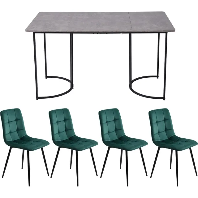 Merax 5-delige Eetkamerset – Eettafel 140x80 cm met 4 Donkergroene Fluwelen Stoelen – Zwart Metalen Poten – Modern Design Grijs