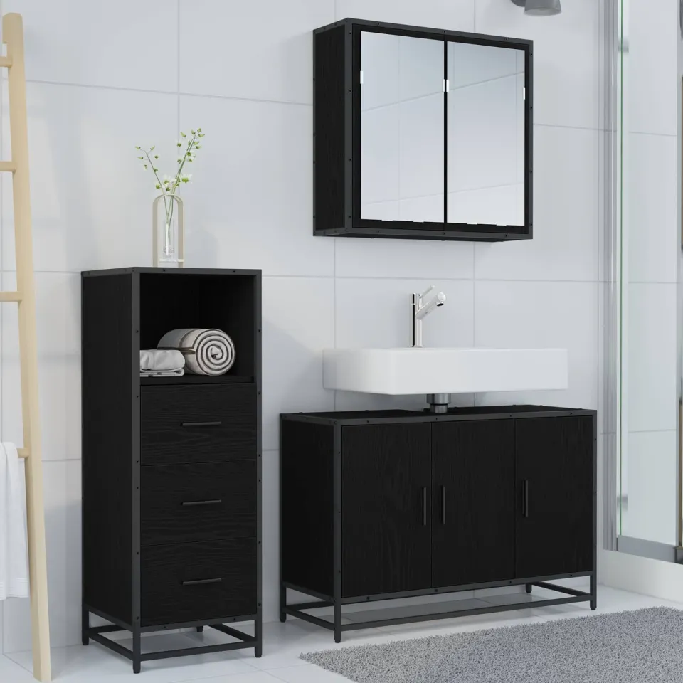 vidaXL Badkamermeubelset 3 st Zwart Eiken Bewerkt hout, foto 3