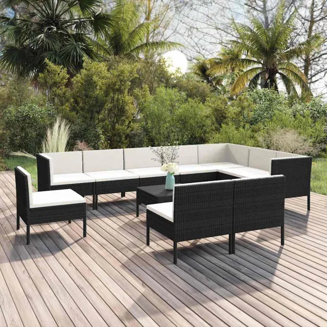 vidaXL 11-delige Loungeset met kussens poly rattan zwart, foto 2