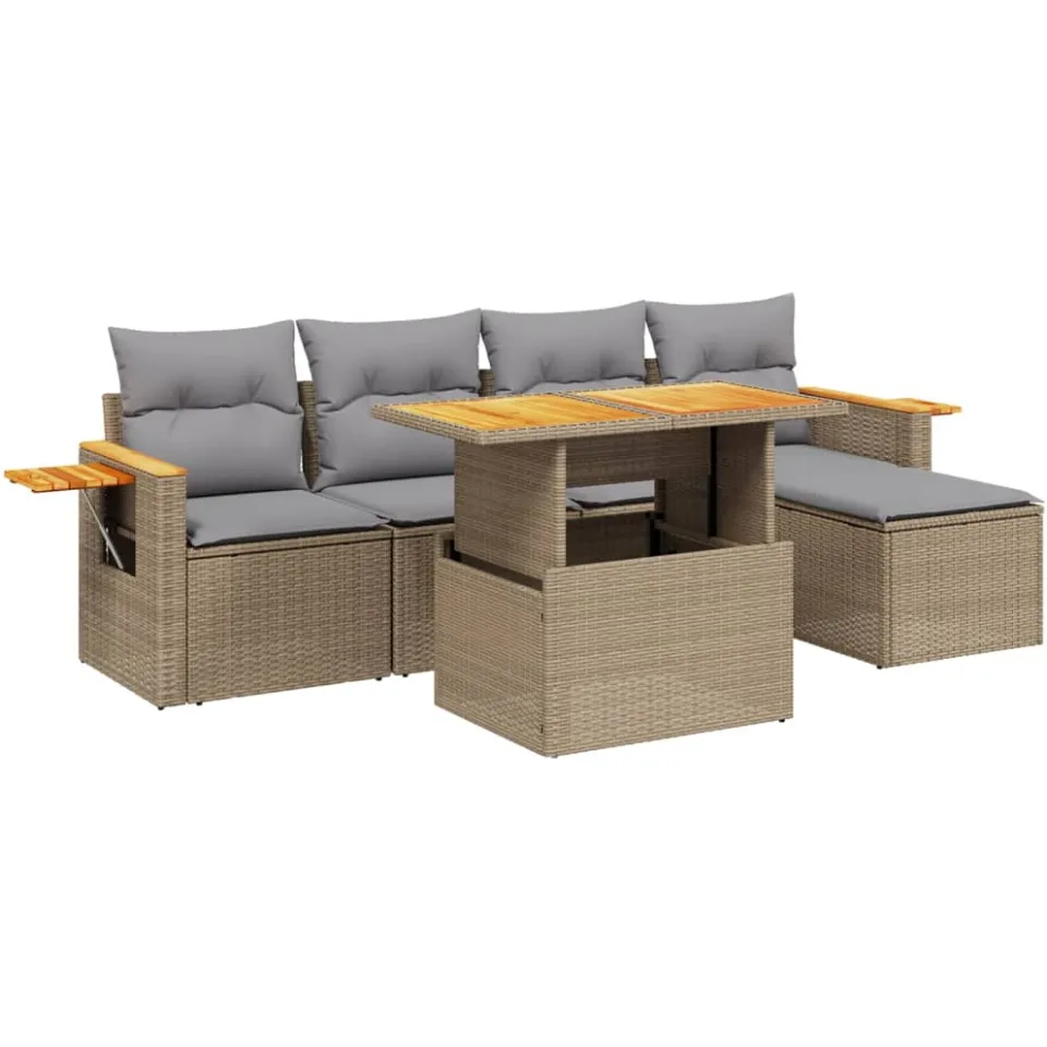vidaXL 6-delige Loungeset met kussens poly rattan beige, foto 3