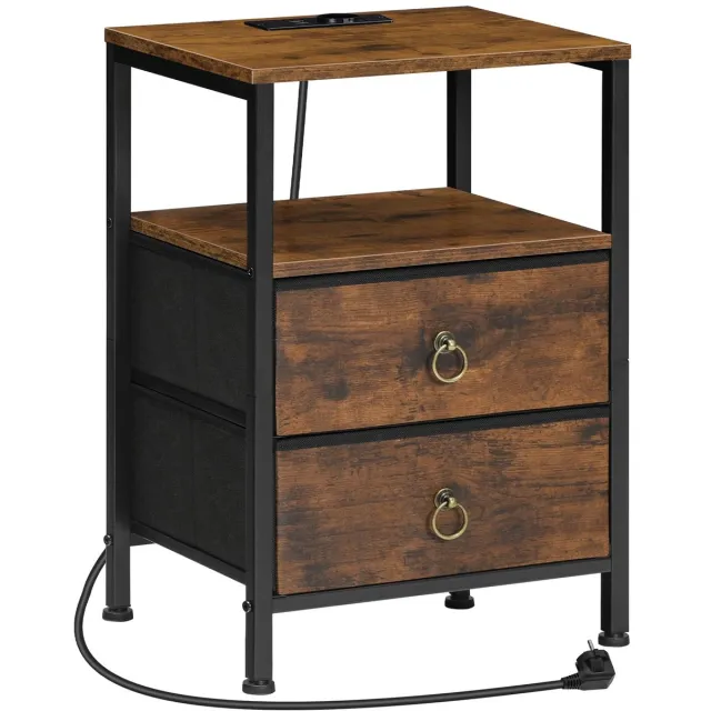 Unyqoos Nachtkastje met geïntegreerd laadstation, vintage stijl met stoffen laden en stopcontacten Vintagebruin