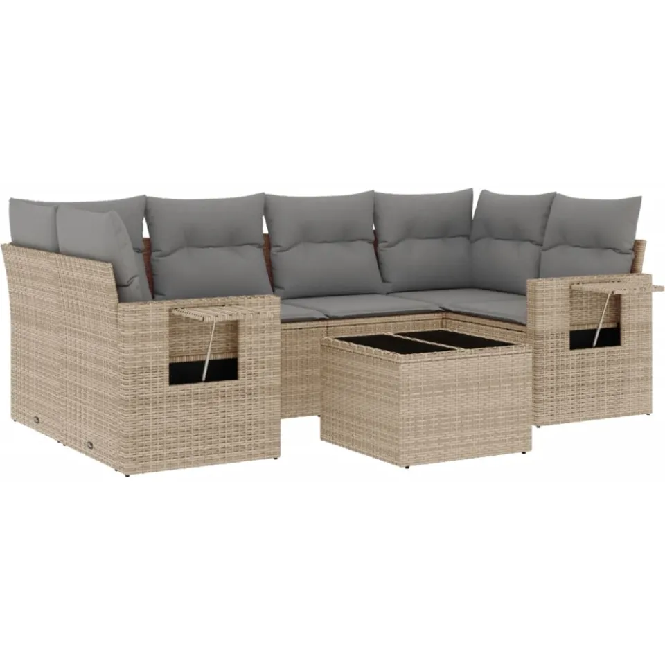 vidaXL 7-delige Loungeset met kussens poly rattan beige, foto 3