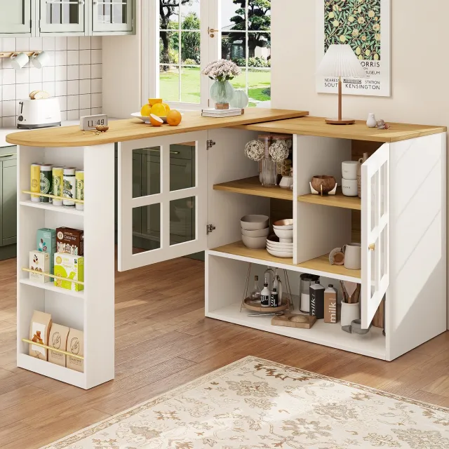 HAUSS SPOLE Dressoir - 360° Draaibaar Sideboard Met Geharde Glasdeuren En Snackschap En Verstelbare Planken - Uitbreidbaar 138-204x39x102,5 Cm - MDF - Wit