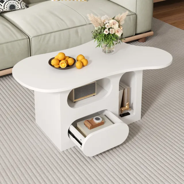 MODENUIT Salontafel - Wolkvormig Blad Met Lades En Open Vakken - Voor Woonkamer - Spaanplaat Wit - 97x45x43,5 Cm