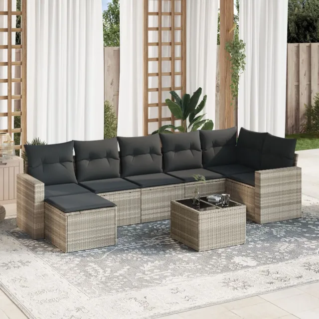vidaXL 8-delige Loungeset met kussens poly rattan lichtgrijs grijs, foto 2