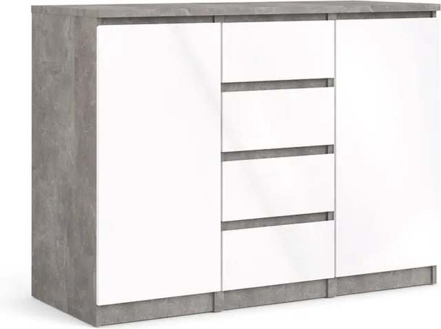 Woonexpress Nada dressoir 2 deuren en 4 lades, betondecor/wit hoogglans.