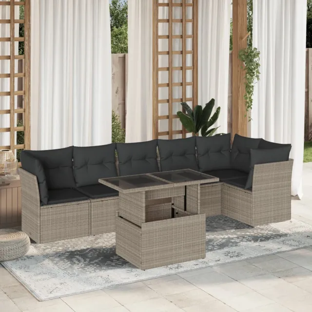 vidaXL 7-delige Loungeset met kussens poly rattan lichtgrijs grijs, foto 2