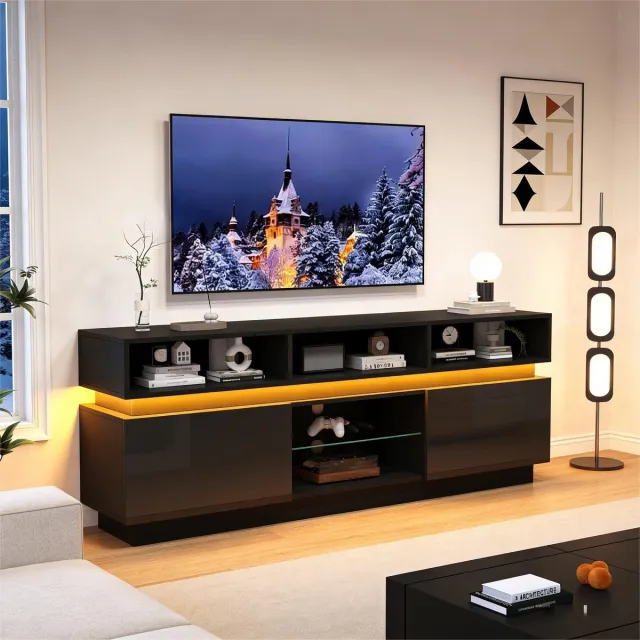 FloraGrace Tv-Meubel - Hoogglans Front Met Led En 10 Opbergvakken - Voor Woonkamer - Mdf En Glas - 160x35x60 Cm - Zwart