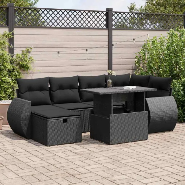 vidaXL 7-delige Loungeset met kussens poly rattan zwart, foto 2
