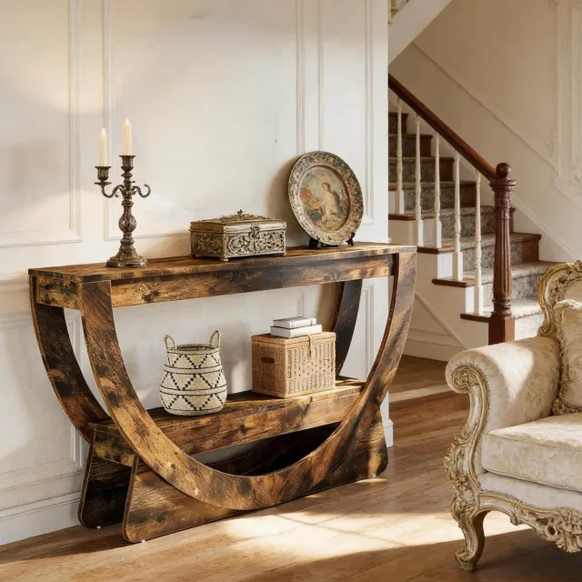 DESMIU Sidetable - Landelijke Console Met Twee Open Planken - Voor Woonkamer En Hal - MDF - Rustiek Bruin - 160x30x80,5 Cm