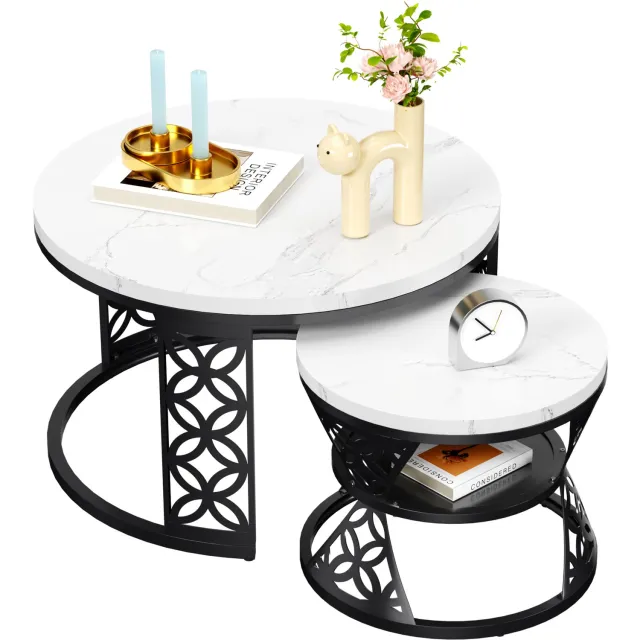 CHICFURN Salontafelset 70 cm - Nestbaar - Ruimtebesparend ontwerp - Metalen frame - Woonkamer en slaapkamer - Marmerfineer en metaal - Zwart wit Wit+Zwart