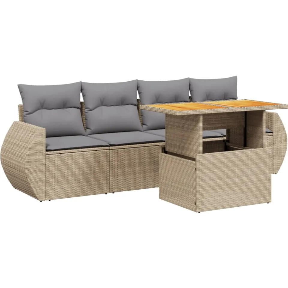 vidaXL 5-delige Loungeset met kussens poly rattan beige, foto 3