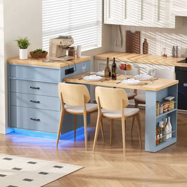 REDOM Eettafel - Uitschuifbaar met rollen - Opbergruimte - LED met USB en Type-C - MDF en spaanplaat - Blauw - 125,5-187,5 x 71 x 93 cm