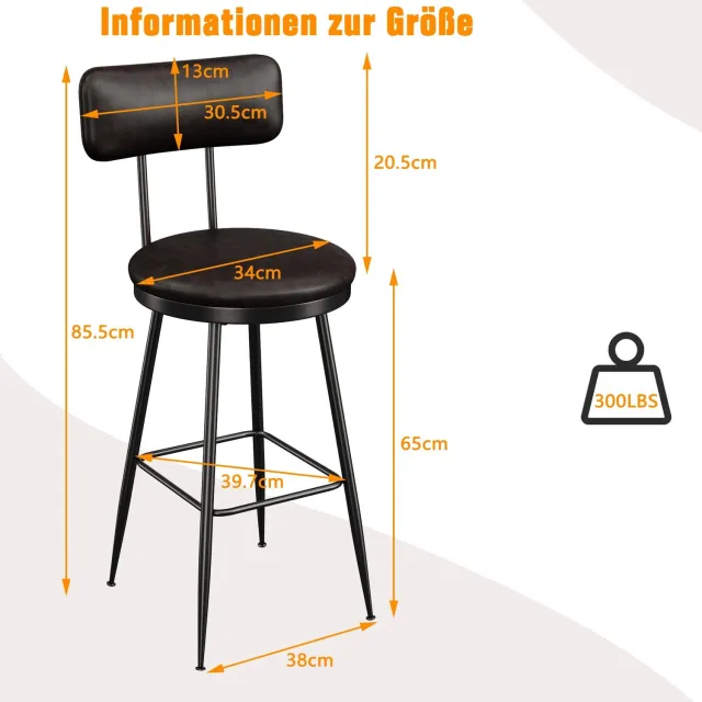 PRIMO HOME Prime Home Krukken - Barkrukken - Barstoel - Bartafel kruk - Set van 2 - Rugleuning - Kunstleer - Modern - 85,5cm hoog - Zwart
