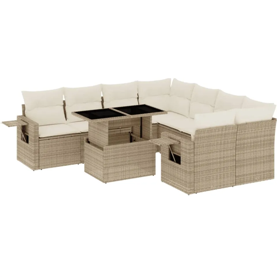 vidaXL 9-delige Loungeset met kussens poly rattan beige, foto 3