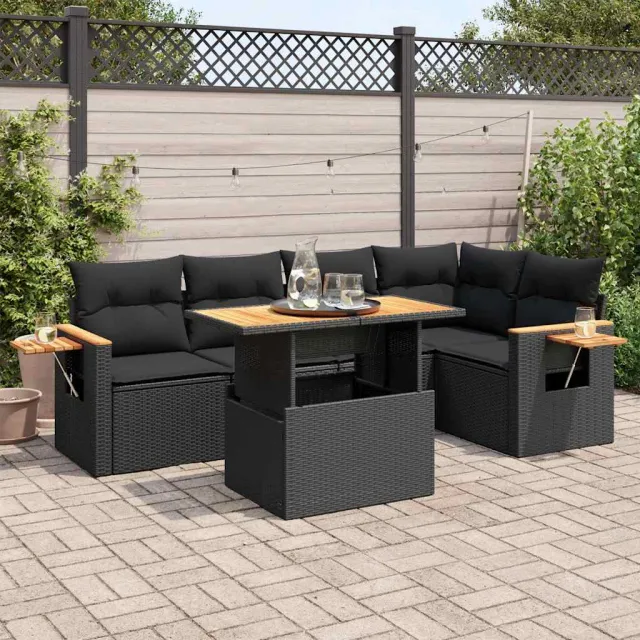 vidaXL 6-delige Loungeset met kussens poly rattan acacia zwart, foto 2
