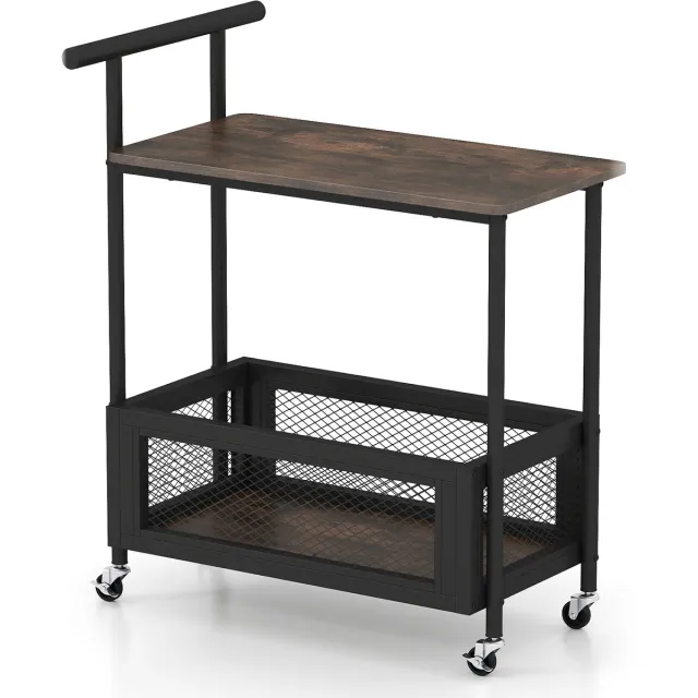 Costway Bijzettafel op wielen, Salontafel met handgreep, Woonkamertafel met open opbergruimte & draadmand, Serveerwagen voor woonkamer, keuken & slaapkamer, Rustiek Bruin Zwart + Rustiek Bruin