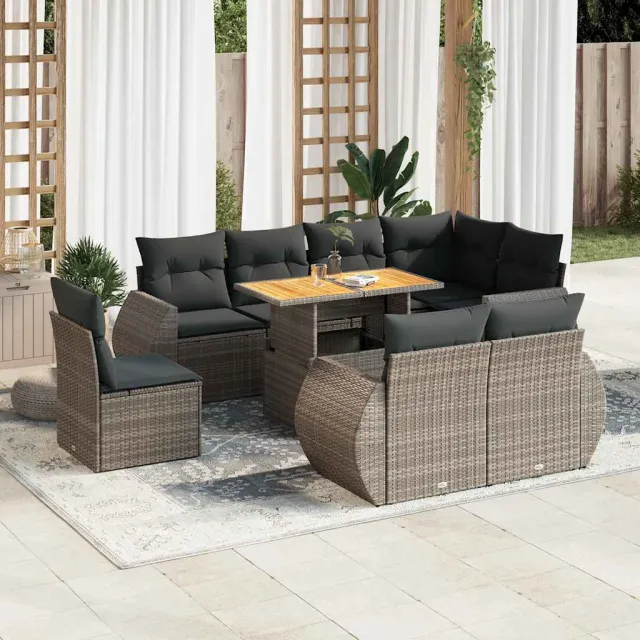 vidaXL 9-delige Loungeset met kussens poly rattan grijs, foto 2