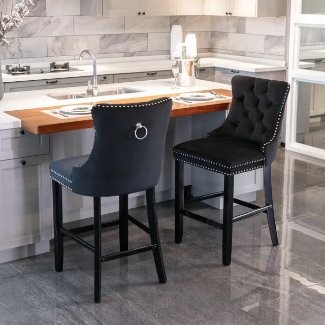 Welltin Eetkamerstoel, set van 2, knoopdetails, houten poten en chromen siernagels, in relaxte stijl, Zwart